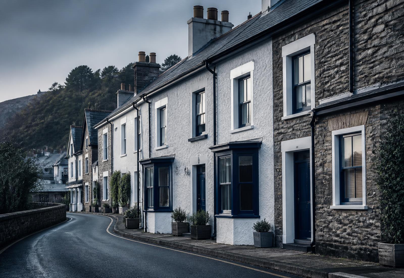 Traditional terraced houses on a quiet street in Conwy, North Wales
